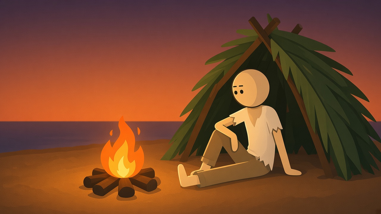 Stickman sentado perto de uma fogueira numa ilha ao pôr do sol