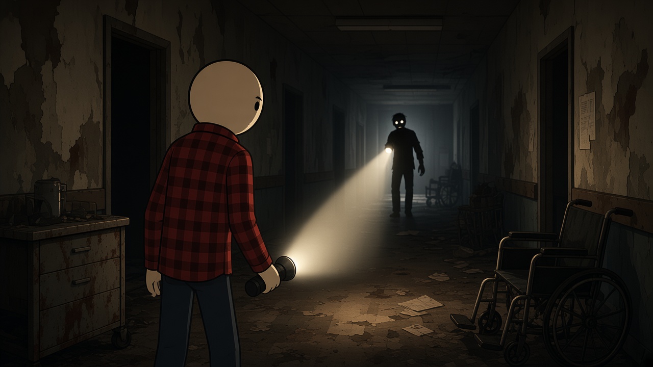 Stickman com lanterna num corredor escuro iluminando um zumbi
